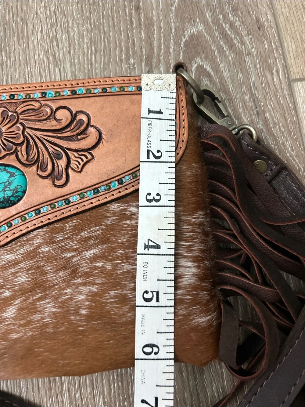 American Darling Hand Tooled Hair On Leather Crossbody Bag Purse Turquoise